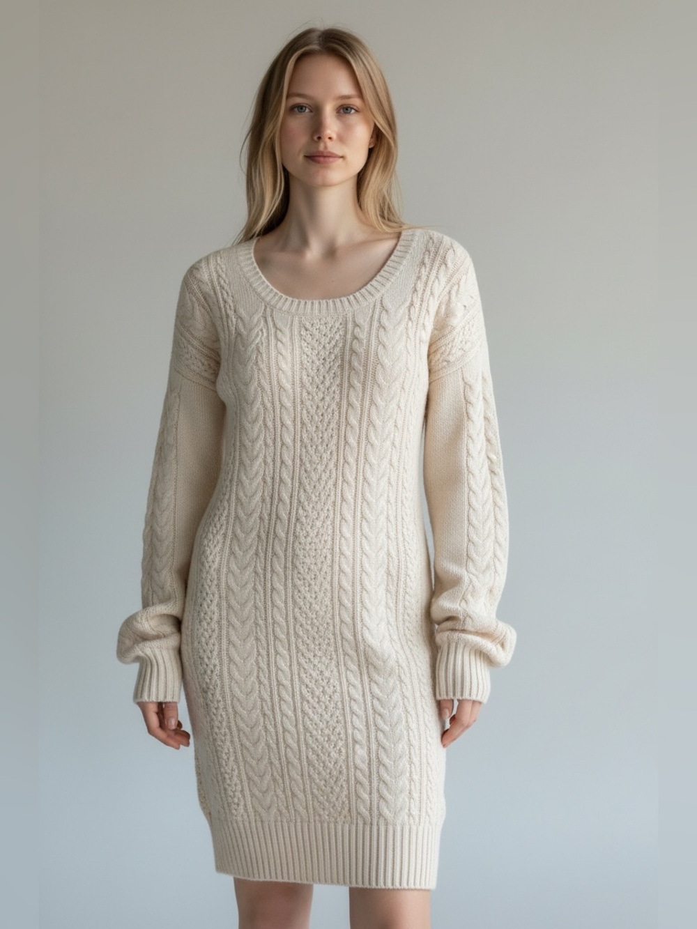 YA-YA Y2K 100% Alpaca Cream Cable-Knit Scoop Neck Sweater Dress